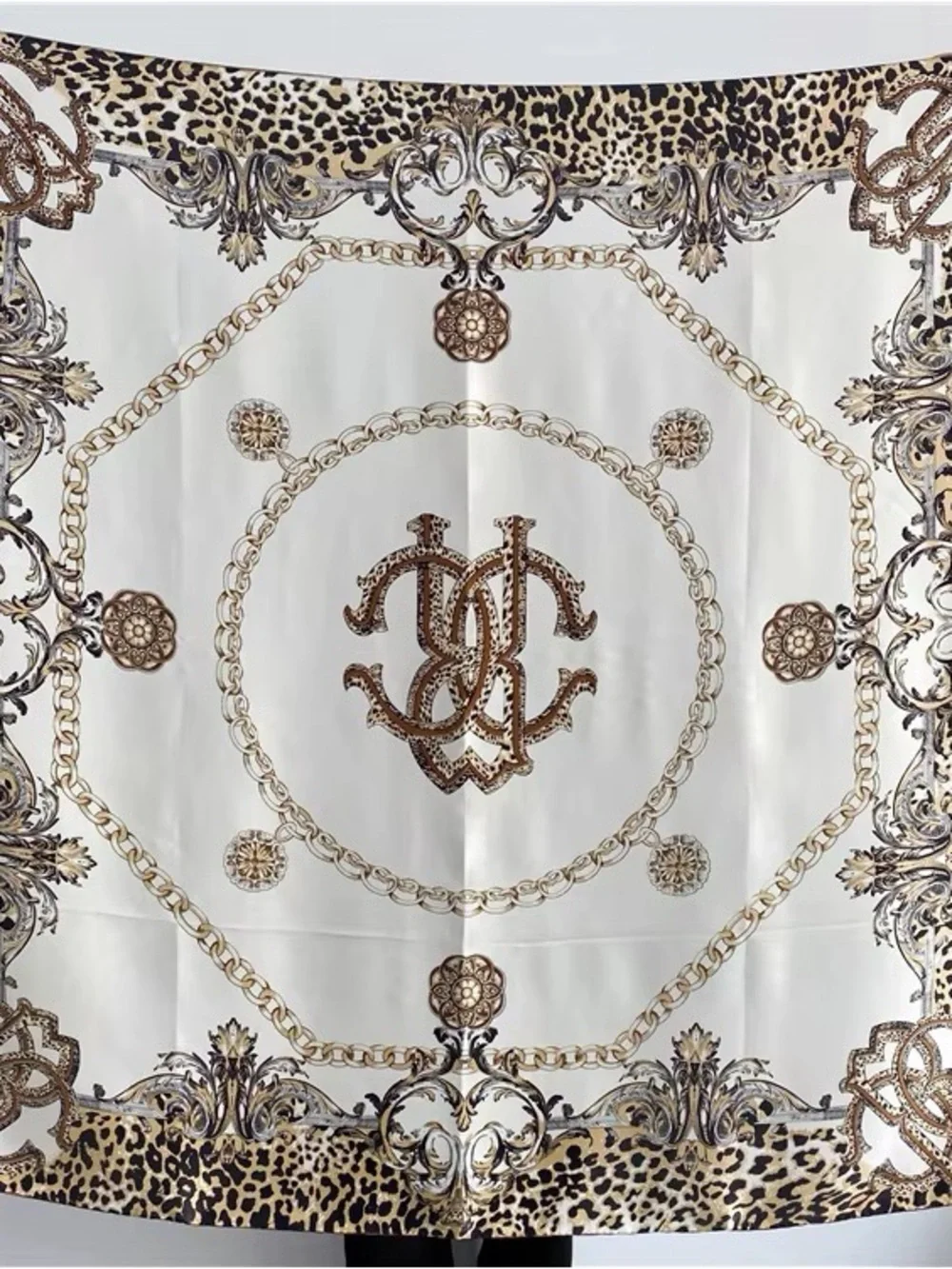Satin Decorative Table Linen in White & Brown Chain-Leopard Motif